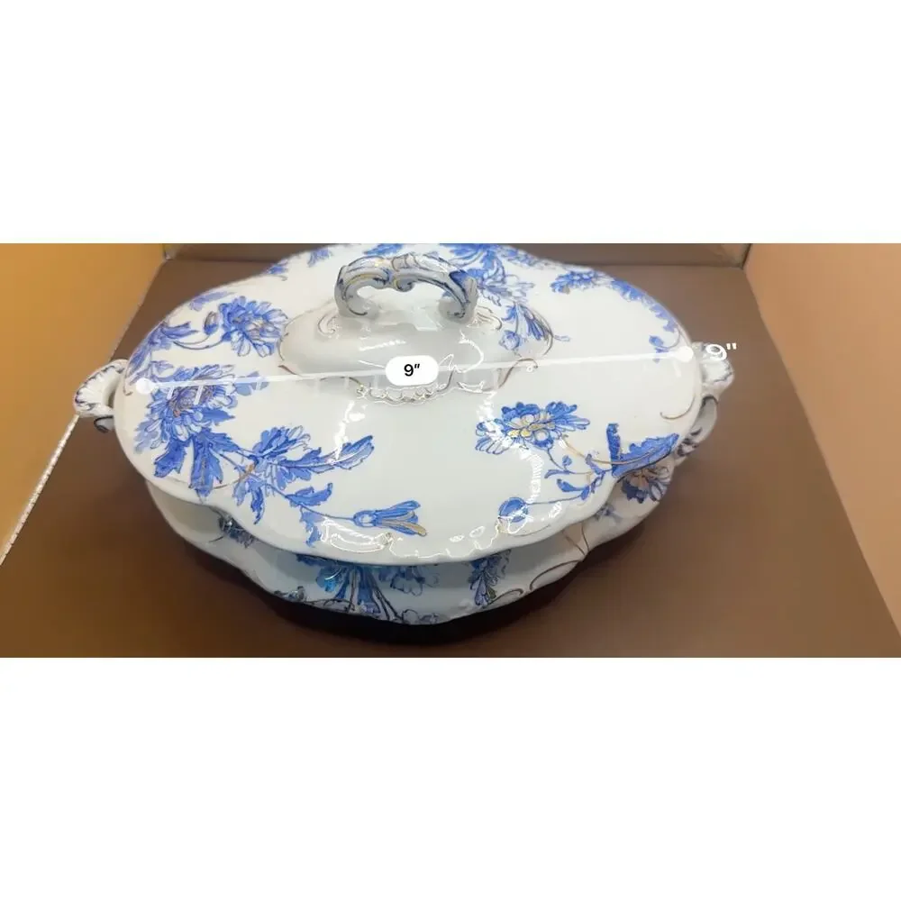 Antique Ridgways England Blue Floral Gold Covered Tureen Serving Dish 9 Inch